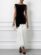 Black Tassel 3D Floral Velvet Boat Neck Sleeveless Mermaid Midi Dress