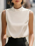 Elegant Ivory High-Neck Sleeveless Satin Blouse