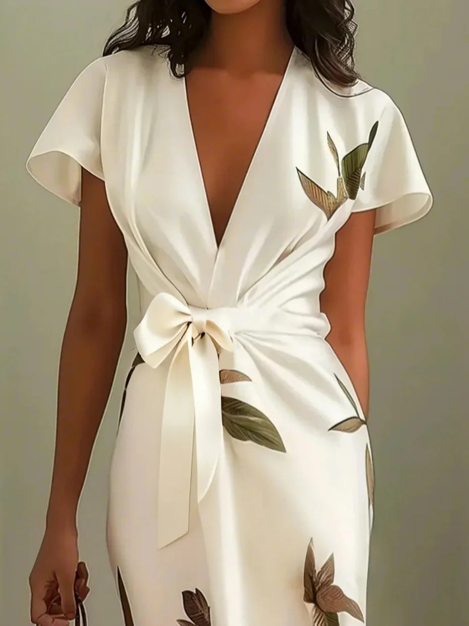 White Leaf Short Sleeve Satin Wrap Sheath Midi Dress