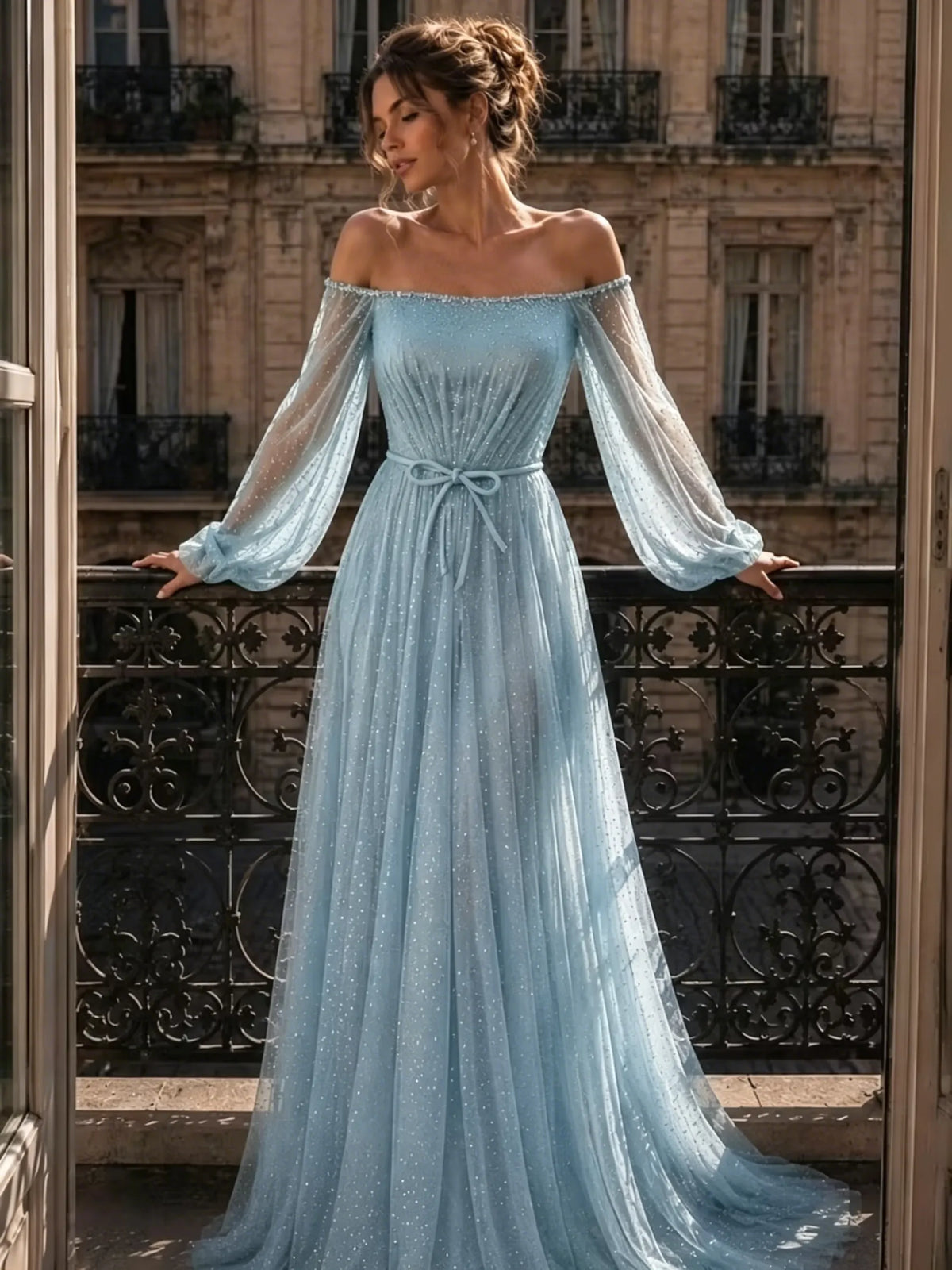 Cocoslly Off-The-Shoulder Long Sleeves High Waist Long Prom Dress With Sequins | Mist Mint Green Tulle LX0086