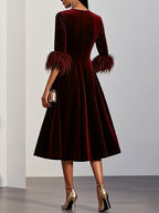 Wine Red Feather-trimmed Velvet Crew Neck Half Sleeve A-Line Midi Dress