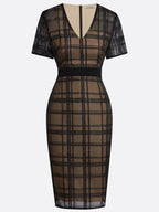 Black Organza Plaid Classic V Neck Short Sleeve Sheath Midi Dress