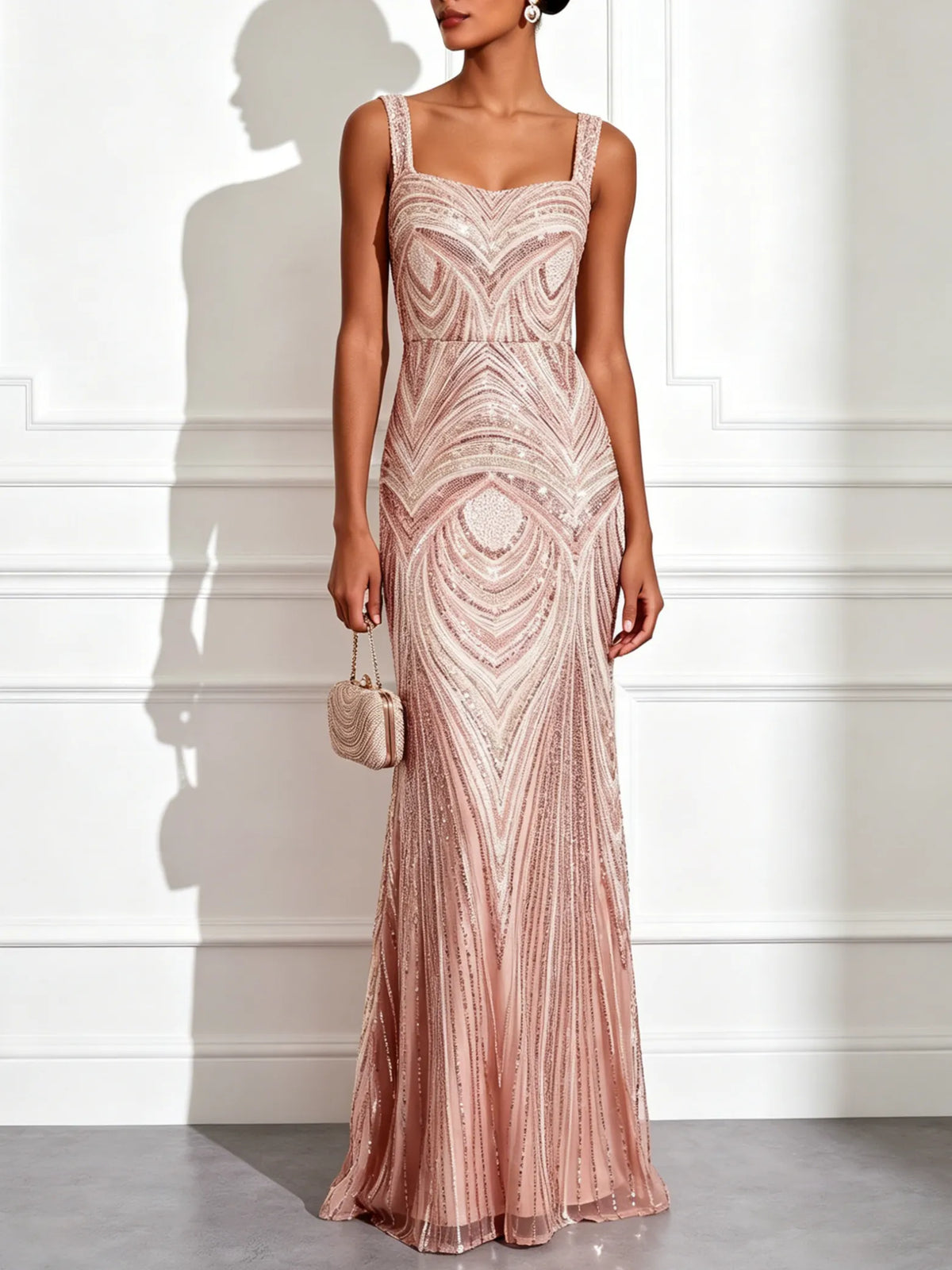 Light Pink Sequin Square Neck Sleeveless Mermaid Floor-length Gown Dress