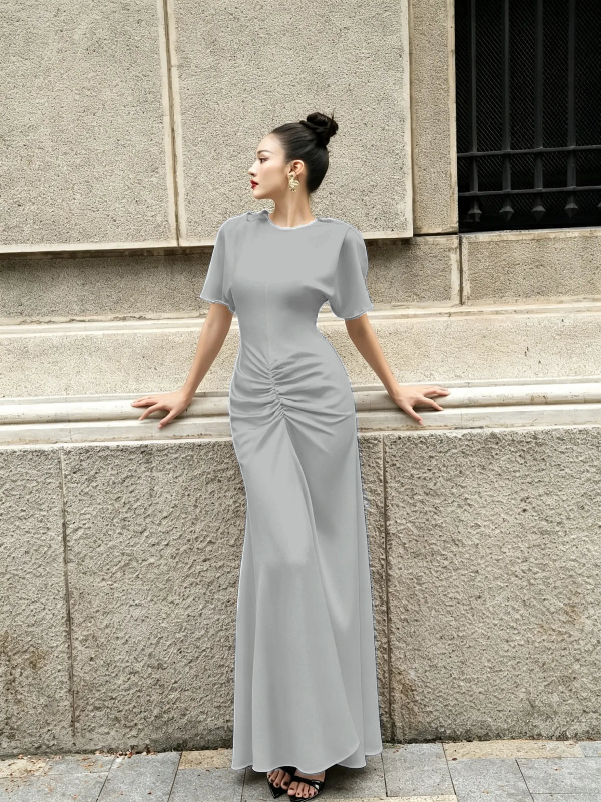 Cocoslly Round Neck Short Sleeves High Waist Long Prom Dress With Pleated | Wine Red Satin DB0023